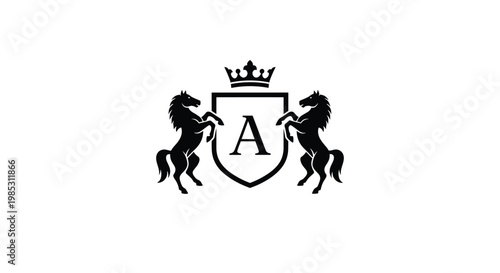 Elegant heraldic crest featuring two black rearing horses flanking a shield with the letter A and topped with a royal crown.