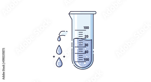 Laboratory graduated cylinder containing blue liquid with several drops falling for chemistry or pharmaceutical science experiments.