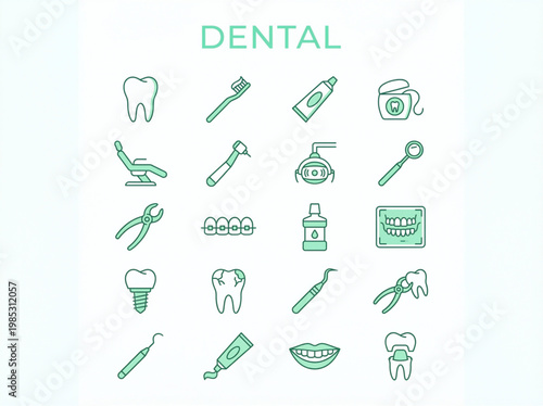 A comprehensive set of twenty minimalist dental and oral hygiene line icons featuring professional dentistry tools, orthodontic equipment, and tooth care symbols in a teal green style