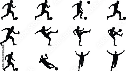 Set of soccer player silhouettes showing dynamic football actions including running jumping kicking and dribbling poses isolated on white background for sports design use