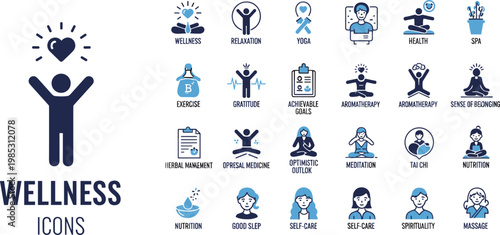 Wellness and healthy lifestyle icon set in flat style featuring meditation yoga self care fitness and mental wellbeing concepts for holistic design