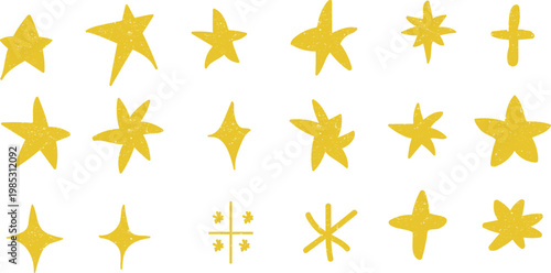 Collection of diverse yellow star shapes and sparkle elements