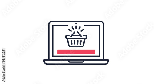 Shopping basket icon displayed on a laptop screen represents online retail and e-commerce checkout procedures for users.