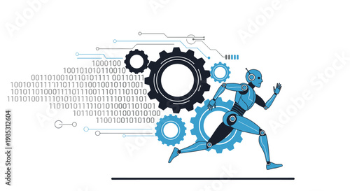 Futuristic blue robot running alongside gears and digital binary code data, symbolizing the speed and power of artificial intelligence.