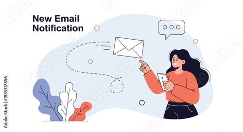 Young woman checking her smartphone for a new email notification depicted in a clean flat vector illustration style.
