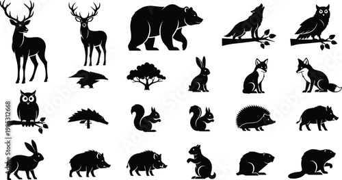Wild animal silhouette icon set featuring deer bear wolf fox rabbit bird forest wildlife black vector collection design