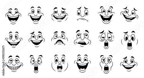 Large set of diverse cartoon face expressions showing various human emotions from happiness to shock and sadness.