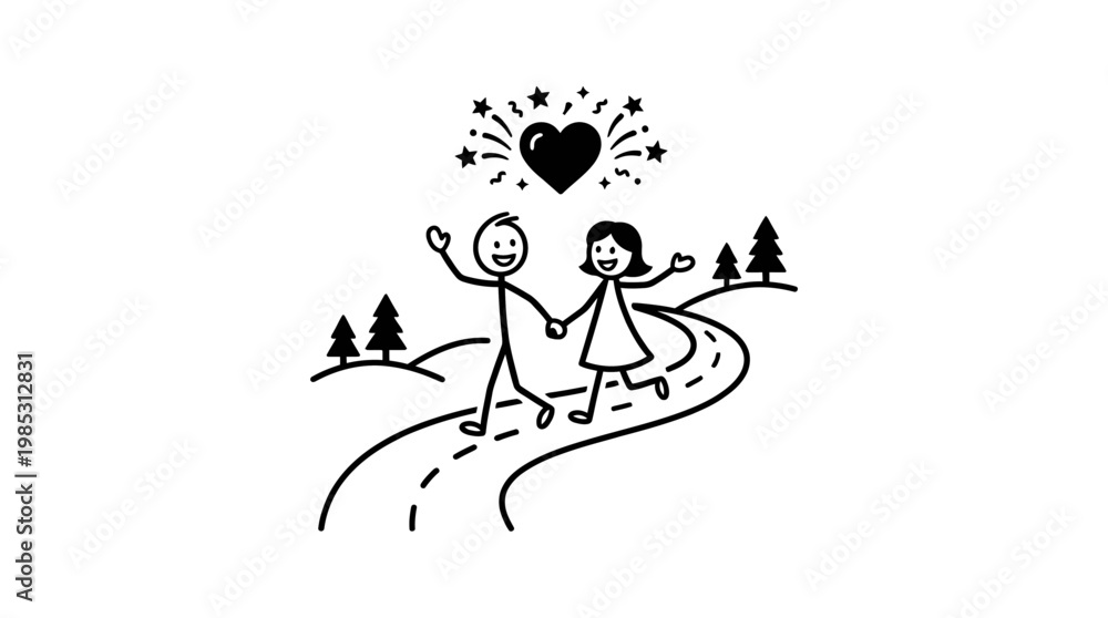 Fototapeta premium Happy Stick Figures Walking on Road to Love
