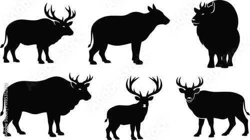Wild animal silhouette set featuring bison yak deer bull wildlife black vector collection for nature design and outdoor projects