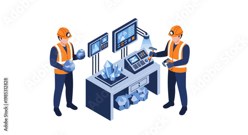 Two miners in hard hats and safety vests examine glowing crystals and control panels in a futuristic mining operation.