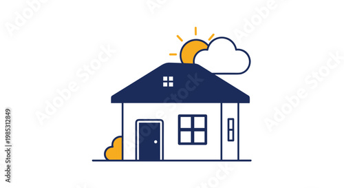 Flat vector illustration of a simple suburban house with a bright sun and a fluffy white cloud in the sky.