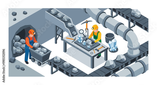 Isometric illustration of a mining operation with workers, conveyor belts, and extracted minerals.