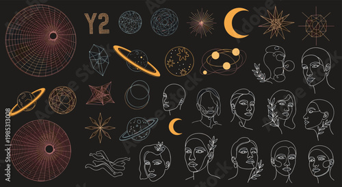 Set of astronomical symbols and celestial line art faces on a black background exploring mystical and spiritual astrology themes.