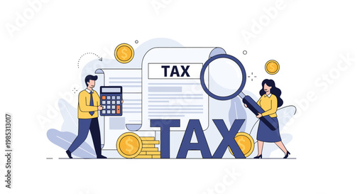 Professional accountants managing financial taxes with documents coins and magnifying glass in a clean flat illustration style.