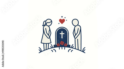 Mourning Couple at Grave with Heart Symbol
