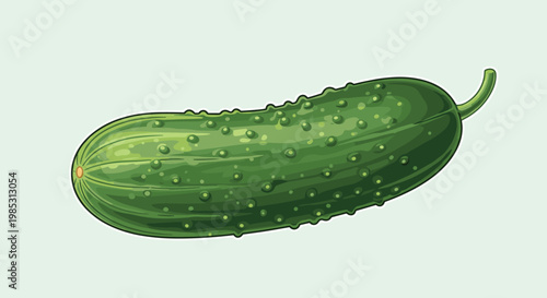 Detailed botanical illustration of a fresh green cucumber with textured skin and a small stem on a light mint green background.