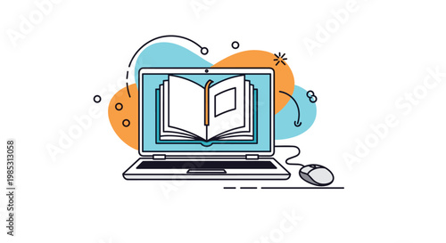 Modern educational concept showing an open digital book on a laptop screen with colorful abstract shapes in the background.