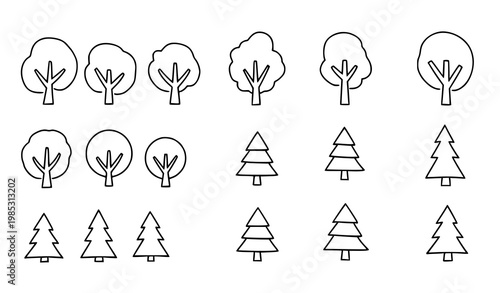 Minimal hand drawn tree icons vector deciduous and coniferous map design collection