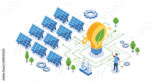 Isometric illustration of a sustainable solar farm with a worker standing near a giant lightbulb and a green leaf symbol.