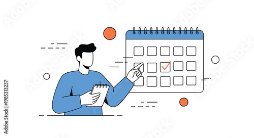 Man in a blue shirt pointing at a large wall calendar with a checkmark on a specific date for schedule planning and events.