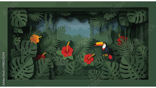 Tropical Jungle Diorama with Toucan Bird & Hibiscus Flowers - Paper Craft Art