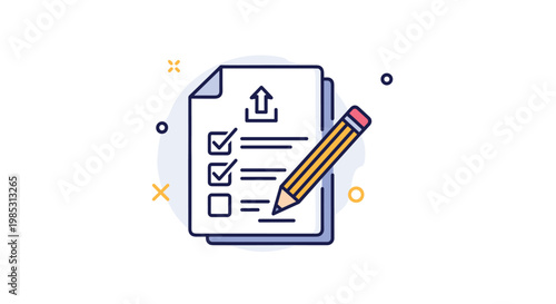 Checklist document icon showing an upload arrow and a pencil for completing tasks survey forms and business organization.