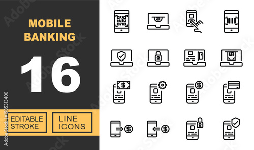 Exclusive Mobile Banking line icon collection. Containing QR-code, Laptop, Touch, Barcode, Shield, Security, Card, Banknote, Smartphone, Transaction. Editable stroke.