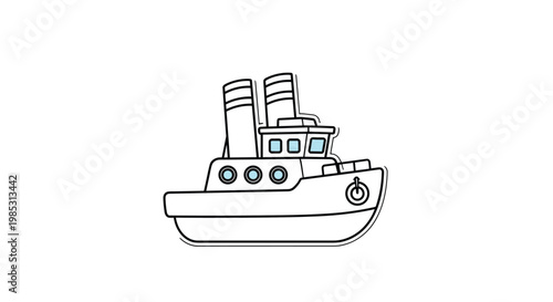 Line art icon of a classic tugboat with blue windows and smoke stacks isolated on a white background for maritime themes.