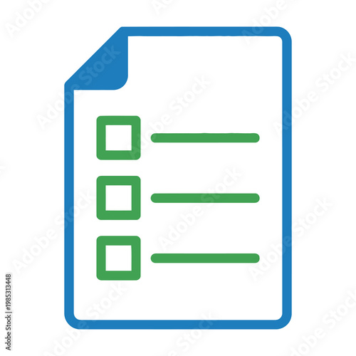 Checklist document icon with green checkboxes and lines on white background