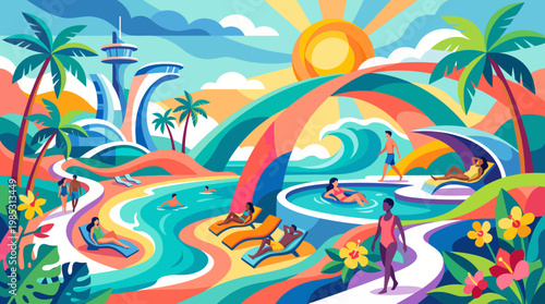 Vibrant Stylized Tropical Beach Resort and Pool Party Summer Season Event Poster Flat Vector Illustration