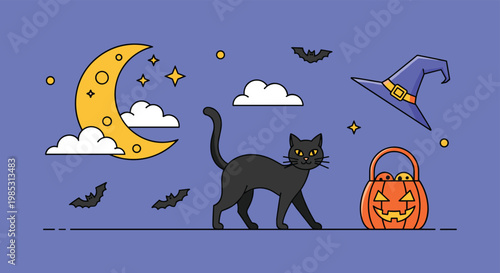 Charming halloween scene with a black cat moon bats a jack o lantern basket and a witch hat in a stylized flat design.