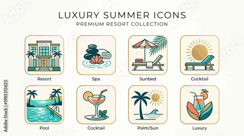 Elegant Luxury Summer Resort and Spa Flat Line Art Vector Icon Set