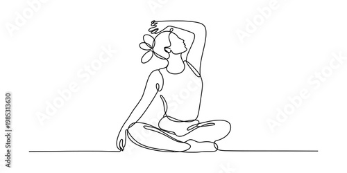 Minimalist one line drawing of a woman practicing yoga in a seated position with arm raised up Vector, illustration