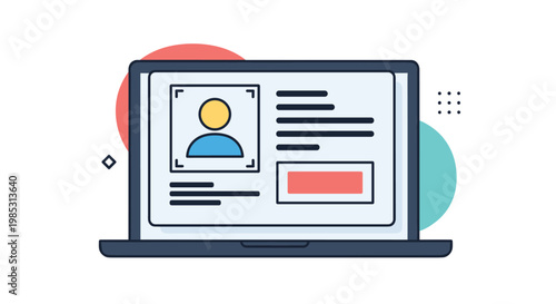 Laptop screen displaying a professional user profile with a photo and information fields for hiring and networking services.
