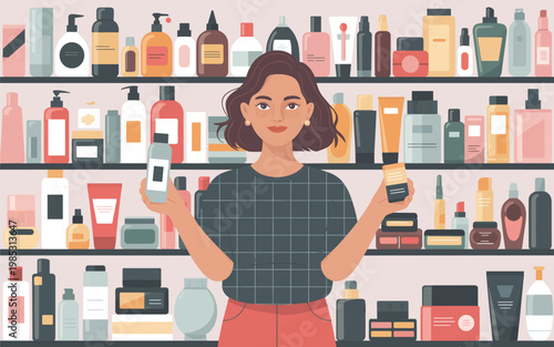 Woman holding haircare products in store with shelves