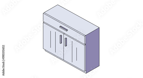Isometric perspective of a small storage cabinet with two doors and a top drawer in a neutral light purple color palette.