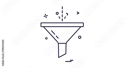 Line art icon of a funnel with scattered geometric elements being filtered representing sorting and processing data.