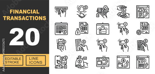 Financial Transactions line icon set. Exclusive Financial Transactions line icon collection. Containing withdrawal, agreement, investment, exchange, shopping, payment, document. Editable stroke.