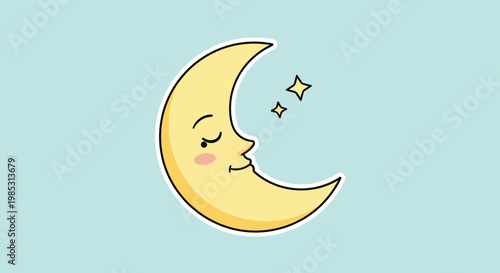 Cute smiling yellow crescent moon character with small twinkling stars on a soft blue background for children's design.