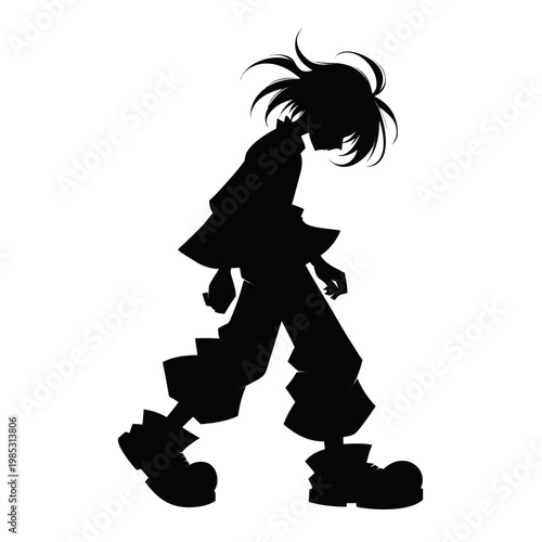 Anime boy silhouette walking, lonely manga character profile, sad teenager in baggy clothes vector illustration, melancholic youth person isolated on white