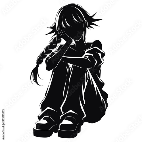 Anime girl silhouette vector, sitting lonely woman in manga style, black and white character profile with braided hair and platform shoes