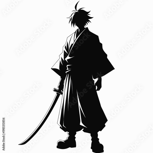 Japanese samurai silhouette vector, black and white ronin warrior with katana sword, manga style male fighter character in traditional kimono