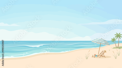 Minimalist Pastel Summer Season Event Promotional Banner Background with Deck Chair and Huge Copy Space Flat Vector