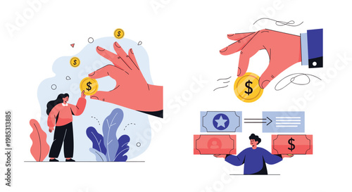 Business concept illustration showing a large hand giving money to a person and another holding oversized banknotes.