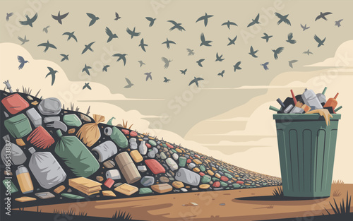 A large pile of trash and a green bin overflowing with garbage on a dirt road with birds flying overhead.
