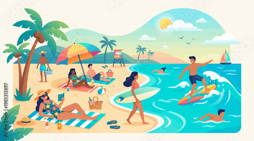 Lively Summer Season Event Beach Festival with People Surfing and Sunbathing Flat Vector Illustration