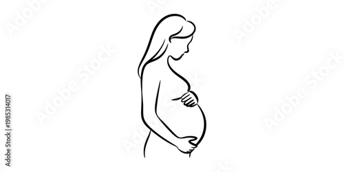 Minimalist line art illustration of a pregnant woman holding her belly in a gentle side profile Vector, illustration