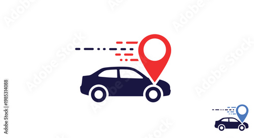Dark blue car silhouette with a large red location pin icon indicating transport tracking or delivery destination.