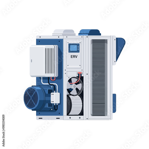 Modern ERV unit for ventilation and air exchange, white and blue industrial design