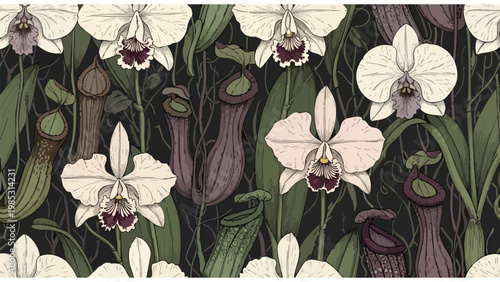 Tropical Orchid & Pitcher Plant Botanical Pattern Design | Exotic Floral Wallpaper Vector